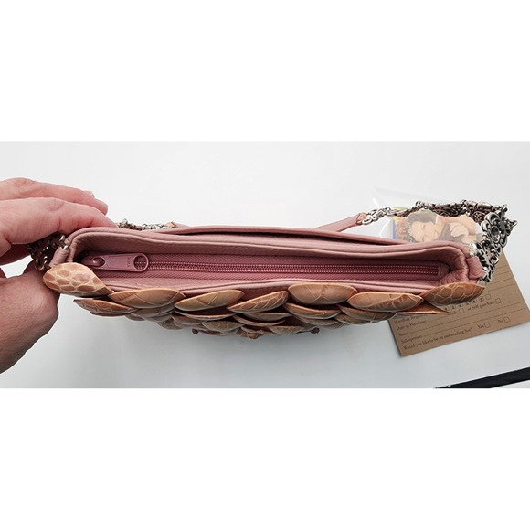 NWT Brighton Roselie Pink Leather Floral Shoulder Bag Silver Chain Heart Charm - Picture 9 of 16